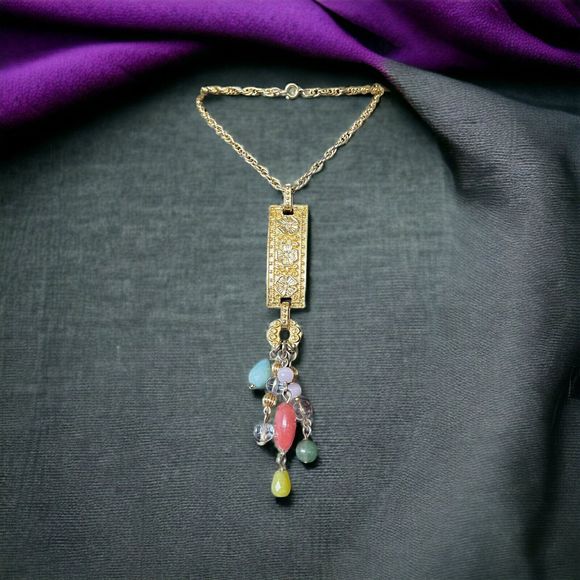 Vintage Signed AAI Pendant Fancy Necklace Gold Tone Stone Glass Dangle Beads - Picture 7 of 8